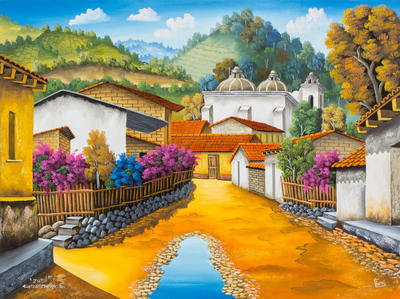 Signed Oil Painting of a Town in Quetzaltenango