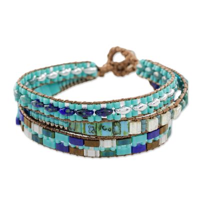 Glass Beaded Wristband Bracelet in Blue from Guatemala