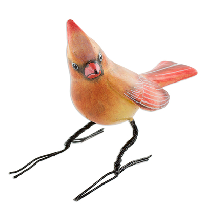 Handmade Cardinal Clay Bird Figurine from Guatemala