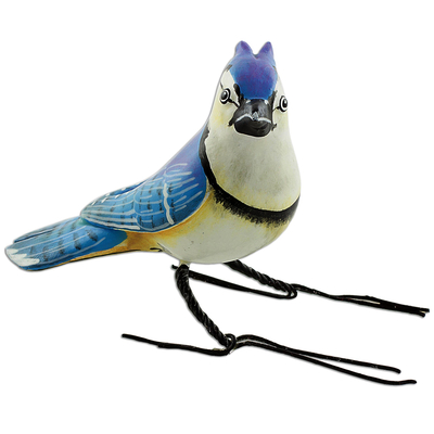 Hand Painted Blue Jay Ceramic Bird Figurine from Guatemala