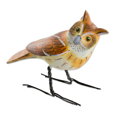 Hand Sculpted, Painted Ceramic Eastern Screech Owl Figurine