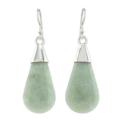 Unique Green Jade and Sterling Silver Teardrop Dangle Earrings