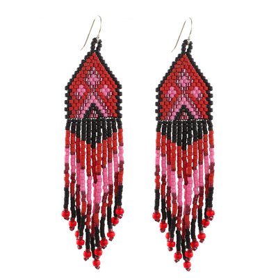 Red, Pink and Black Woven Bead Waterfall Earrings