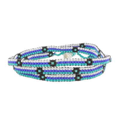 Blue and Black Flower and Stripes Beaded Wrap Bracelet