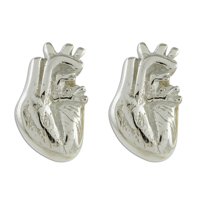 Handcrafted Sterling Silver Anatomical Heart Button Earrings