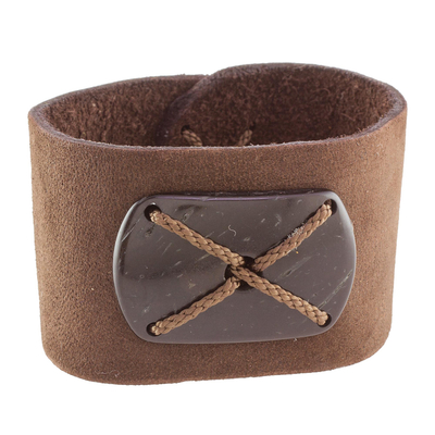 Brown Leather Coconut Shell Pendant Wristband Bracelet