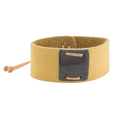 Mustard Leather Coconut Shell Pendant Wristband Bracelet