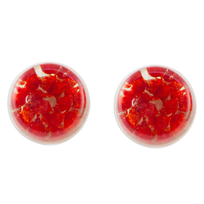 Red Flower in Clear Resin Button Earrings from Costa Rica