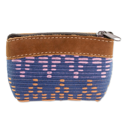 Leather Accent Cotton Coin Purse from Guatemala