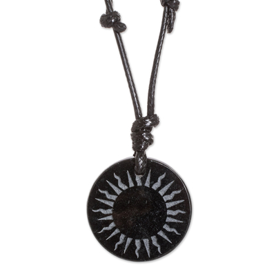 Carved Sun on Black Jade Round Pendant Cord Necklace