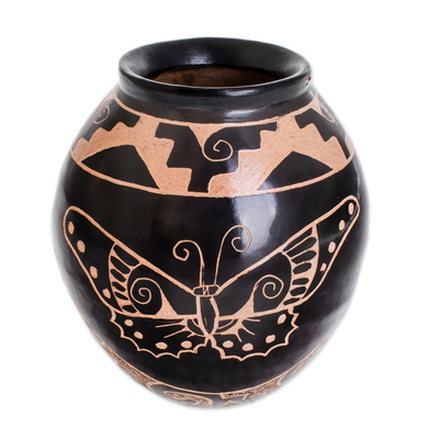 Black Ceramic Decorative Vase with Hand Painted Animals
