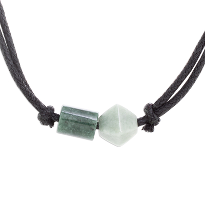 Two-Color Green Jade Pendant on Black Cotton Cord Necklace