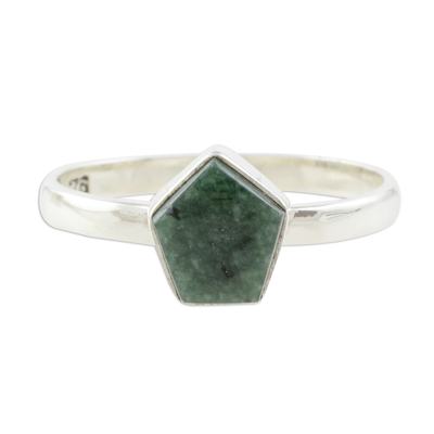 Dark Green Jade Pentagon and Sterling Silver Cocktail Ring