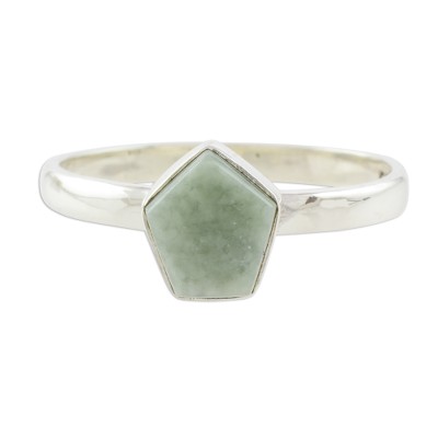Pale Green Jade Pentagon and Sterling Silver Cocktail Ring