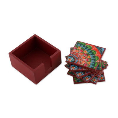 Six Handcrafted Wood Coasters in Red from Costa Rica