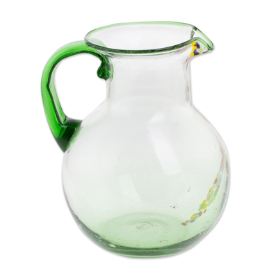 Hand Blown Recycled Glass Clear Green Colorful Dots Pitcher