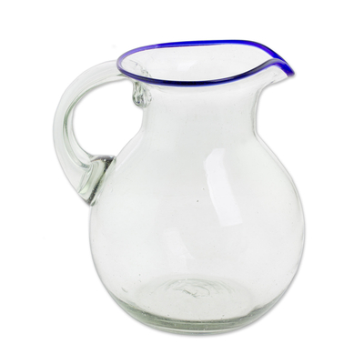 Clear Blue Rimmed Hand Blown Recycled Glass Pitcher