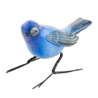 Handcrafted Blue Indigo Bunting Bird Ceramic Figurine