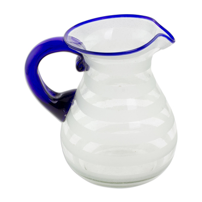 Hand Blown Recycled Glass Pitcher Frosted Stripe Blue Accent