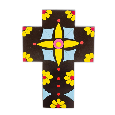 Colorful Floral Gourd and Wood Wall Cross from El Salvador