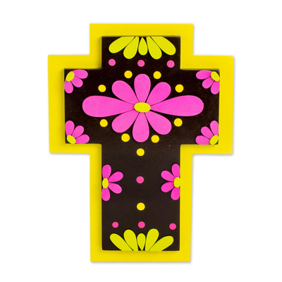 Vibrant Floral Gourd and Wood Wall Cross from El Salvador