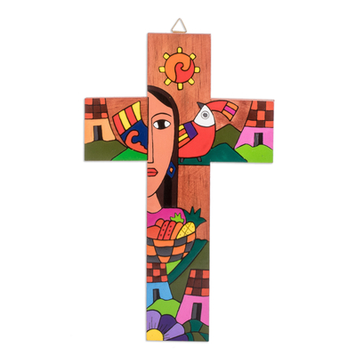 Hand-Painted Pinewood Wall Cross from El Salvador