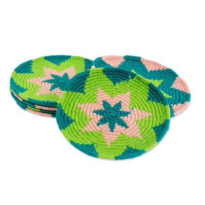 Green and Pink Starburst Cotton Crochet Coasters (Set of 6)
