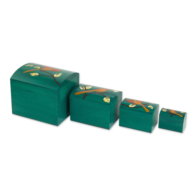 Bird Motifs Pinewood Decorative Boxes in Green (4)