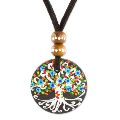 Tree Motif Pinewood Pendant Necklace in Black from Guatemala