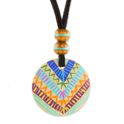 Hand-Painted Pinewood Pendant Necklace from Guatemala