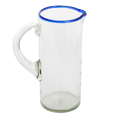 Handblown Recycled Glass Cylindrical Pitcher with Blue Rim