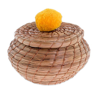 Handmade Pine Needle Basket with a Saffron Cotton Pompom