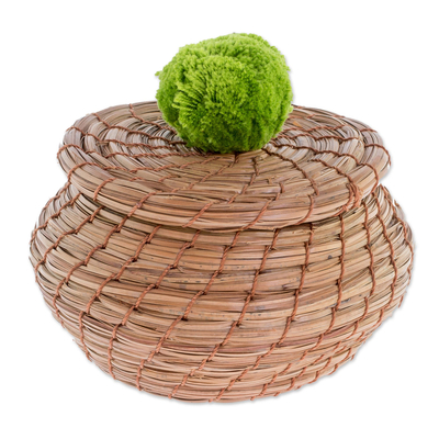 Handmade Pine Needle Basket with a Lime Cotton Pompom