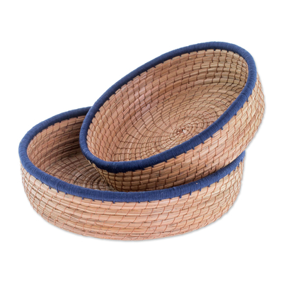 Handmade Pine Needle and Cotton Baskets in Navy (Pair)