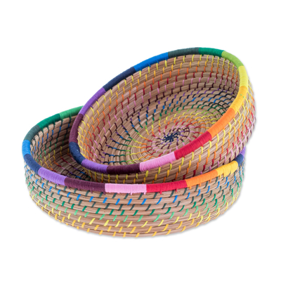 Handmade Pine Needle and Cotton Baskets in Rainbow (Pair)