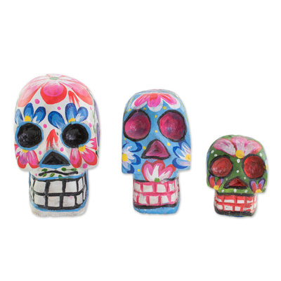 Wood Floral Skull Figurines from Guatemala (Set of 3)