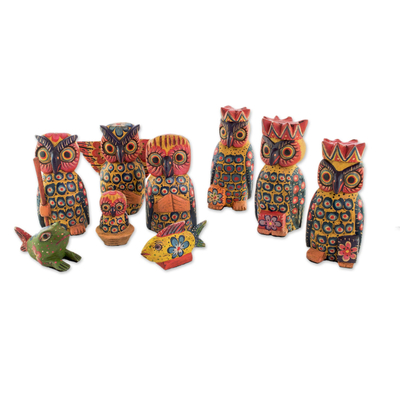 Owl-Themed Wood Nativity Scene from Guatemala (9 Pieces)