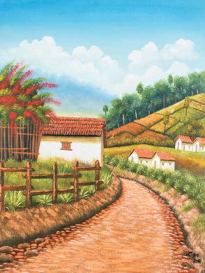 Signed Folk Art Landscape Painting from Guatemala