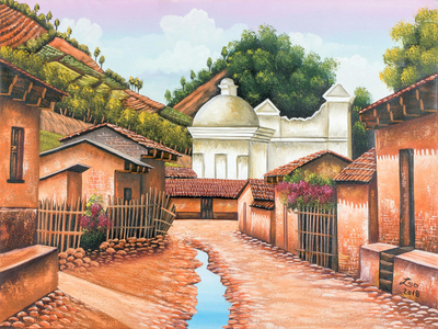 Signed Folk Art Painting of a Guatemalan Town