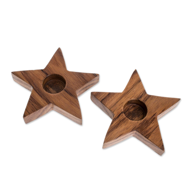 Star-Shaped Wood Tealight Holders from Guatemala (Pair)