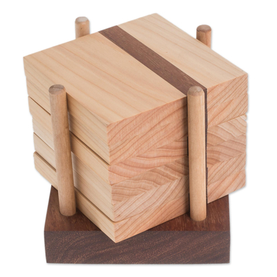 Light Brown Wood Coasters and Holder (Set of 6)
