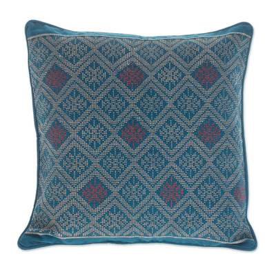Geometric Cotton Cushion Cover in Azure from Guatemala
