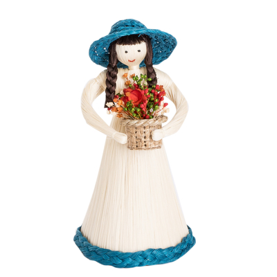 Natural Fiber Statuette of a Woman Gathering Flowers