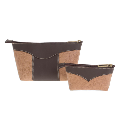 Leather Cosmetic Bags in Espresso and Honey (Pair)