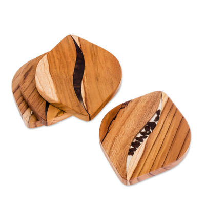 Coffee-Themed Teak Wood Coasters from Costa Rica (Set of 4)