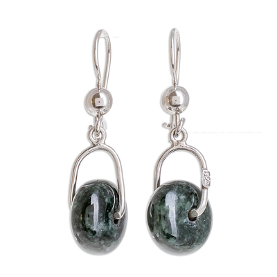 Circular Dark Green Jade Dangle Earrings from Guatemala