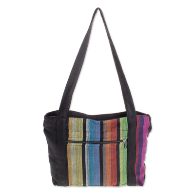 Colorful Vertical Stripes on Black Handwoven Cotton Tote Bag