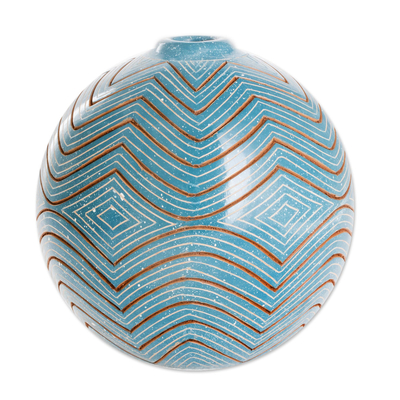 Blue Ceramic Decorative Vase with Zigzag Patterns
