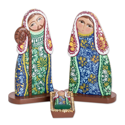 Colorful Handcrafted Floral Wood Nativity Scene (4 Piece)
