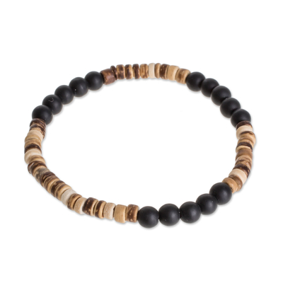 Onyx and Coconut Shell Beaded Stretch Bracelet